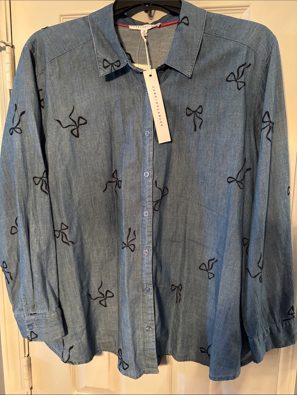 Jane + Delancey Denim Blue Button Down Shirt with Black Bows NWT